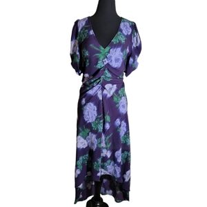 A New Day purple floral midi dress medium ruched high low v neck short sleeve